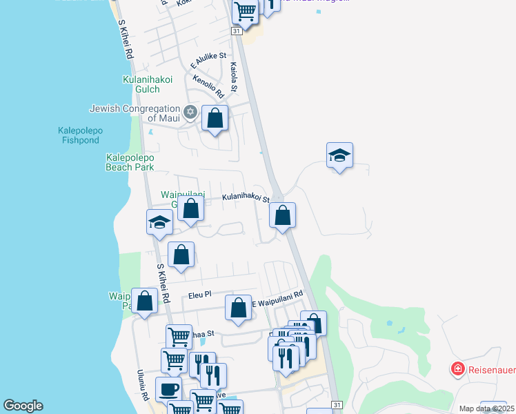 map of restaurants, bars, coffee shops, grocery stores, and more near 823 Malulani Street in Kihei