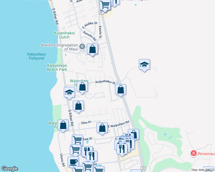 map of restaurants, bars, coffee shops, grocery stores, and more near 822 Malulani Street in Kihei