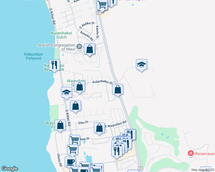 map of restaurants, bars, coffee shops, grocery stores, and more near 823 Malulani Street in Kihei