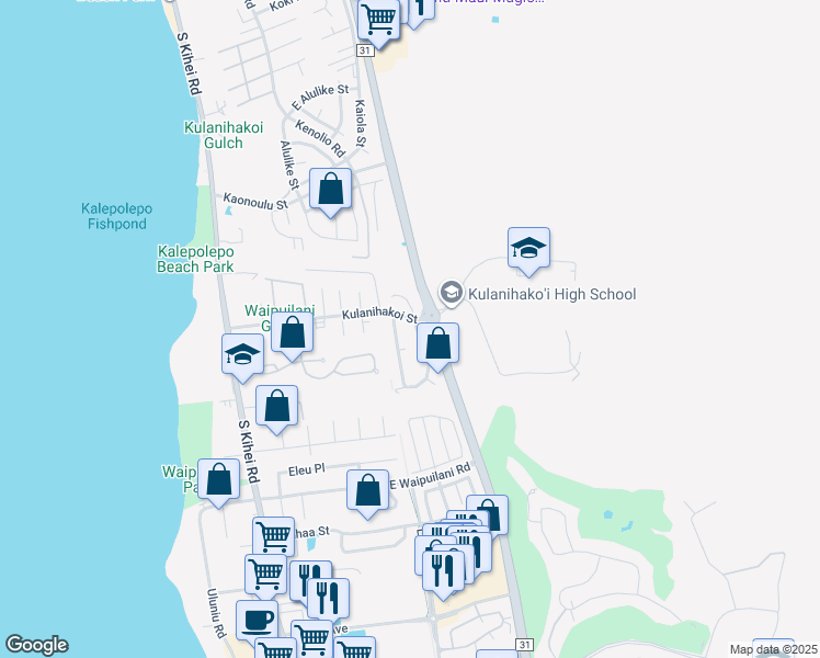 map of restaurants, bars, coffee shops, grocery stores, and more near 828 Mahealani Street in Kihei