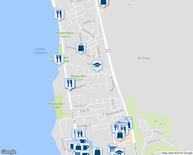 map of restaurants, bars, coffee shops, grocery stores, and more near 20 Hakoi Hema Place in Kihei