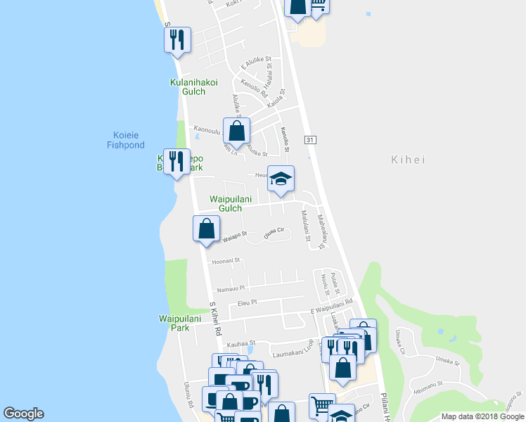 map of restaurants, bars, coffee shops, grocery stores, and more near 10 Waikalani Hema Place in Kihei
