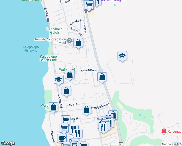 map of restaurants, bars, coffee shops, grocery stores, and more near 816 Malulani Street in Kihei