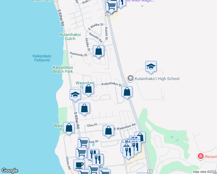 map of restaurants, bars, coffee shops, grocery stores, and more near 19 Hakoi Hema Place in Kihei