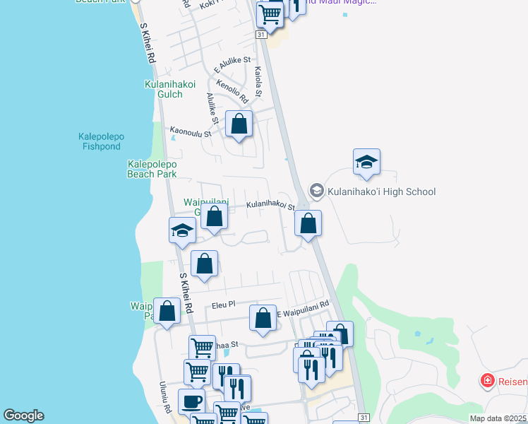 map of restaurants, bars, coffee shops, grocery stores, and more near 19 Hakoi Hema Place in Kihei