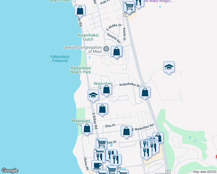 map of restaurants, bars, coffee shops, grocery stores, and more near 100 Kulanihakoi Street in Kihei