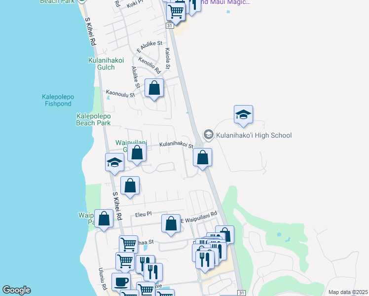 map of restaurants, bars, coffee shops, grocery stores, and more near 811 Malulani Street in Kihei