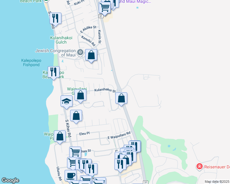 map of restaurants, bars, coffee shops, grocery stores, and more near 808 Mahealani Street in Kihei