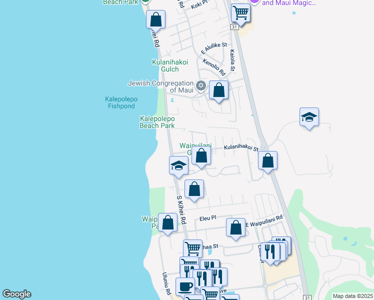 map of restaurants, bars, coffee shops, grocery stores, and more near 15 Kulanihakoi Street in Kihei
