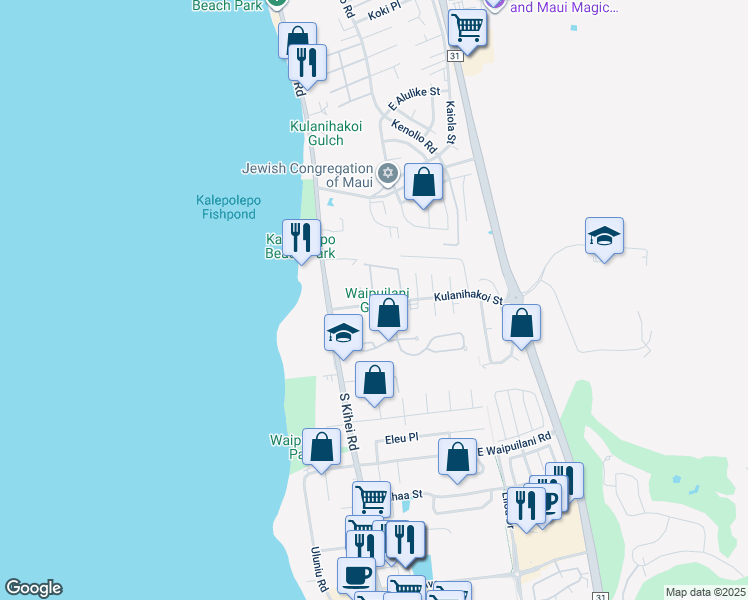 map of restaurants, bars, coffee shops, grocery stores, and more near 15 Kulanihakoi Street in Kihei