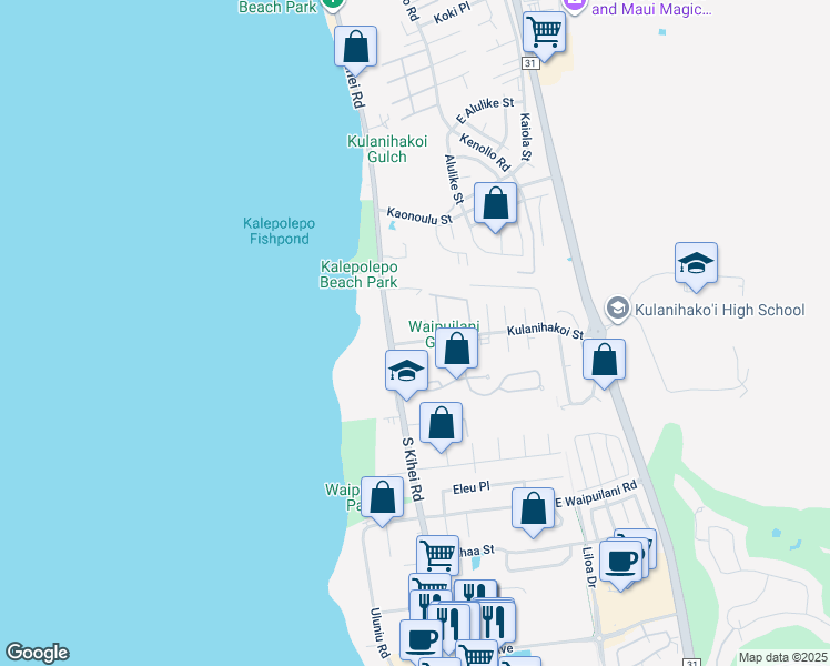 map of restaurants, bars, coffee shops, grocery stores, and more near 15 Kulanihakoi Street in Kihei