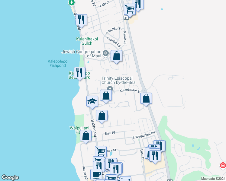 map of restaurants, bars, coffee shops, grocery stores, and more near 3 Alania Place in Kihei