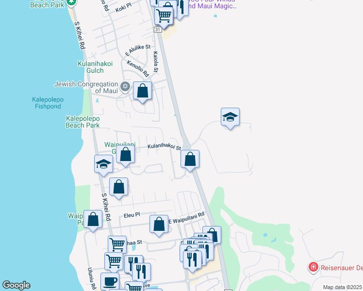 map of restaurants, bars, coffee shops, grocery stores, and more near 818 Mahealani Place in Kihei