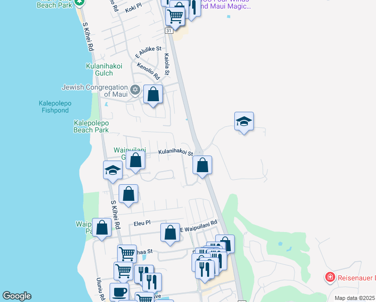 map of restaurants, bars, coffee shops, grocery stores, and more near 817 Mahealani Place in Kihei