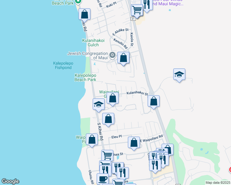 map of restaurants, bars, coffee shops, grocery stores, and more near 15 Kulanihakoi Street in Kihei