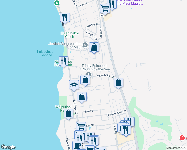 map of restaurants, bars, coffee shops, grocery stores, and more near 100 Kulanihakoi Street in Kihei