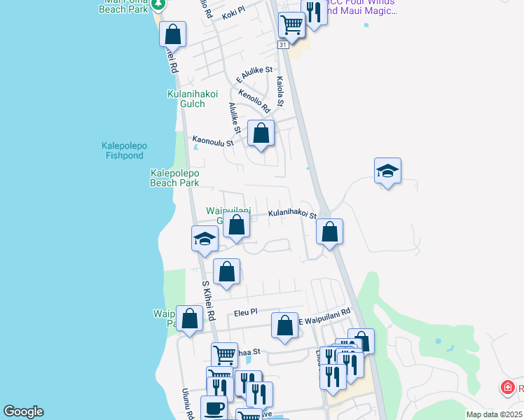 map of restaurants, bars, coffee shops, grocery stores, and more near 111 Kulanihakoi Street in Kihei