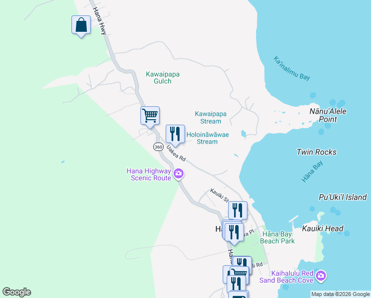 map of restaurants, bars, coffee shops, grocery stores, and more near 4675 Uakea Road in Hana