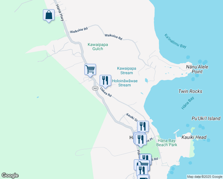 map of restaurants, bars, coffee shops, grocery stores, and more near 4685 Uakea Road in Hana