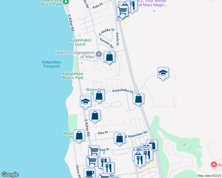 map of restaurants, bars, coffee shops, grocery stores, and more near 5 Waikalani Place in Kihei