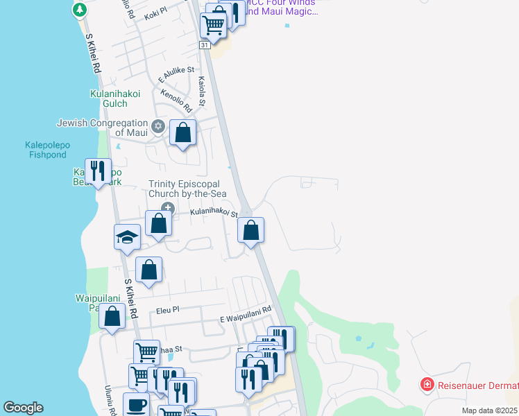 map of restaurants, bars, coffee shops, grocery stores, and more near Piilani Highway in Kihei