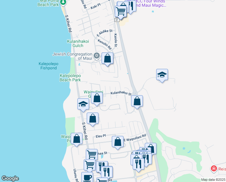 map of restaurants, bars, coffee shops, grocery stores, and more near 131 Kulanihakoi Street in Kihei