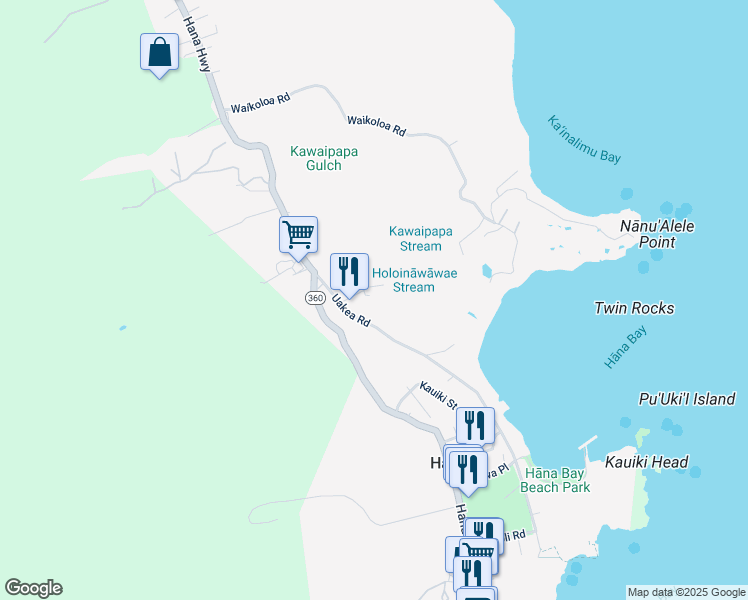 map of restaurants, bars, coffee shops, grocery stores, and more near 4685 Uakea Rd in Hana