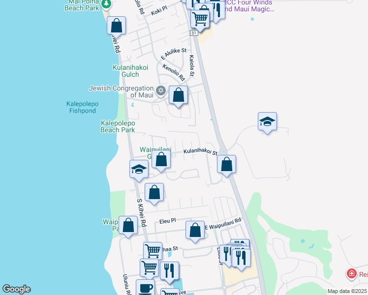 map of restaurants, bars, coffee shops, grocery stores, and more near 30 Waikalani Place in Kihei