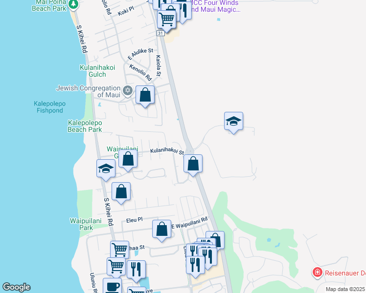 map of restaurants, bars, coffee shops, grocery stores, and more near 808 Mahealani Place in Kihei