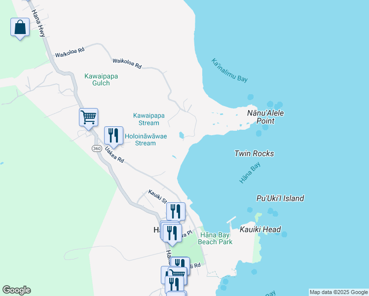 map of restaurants, bars, coffee shops, grocery stores, and more near 148 Waikoloa Road in Hana