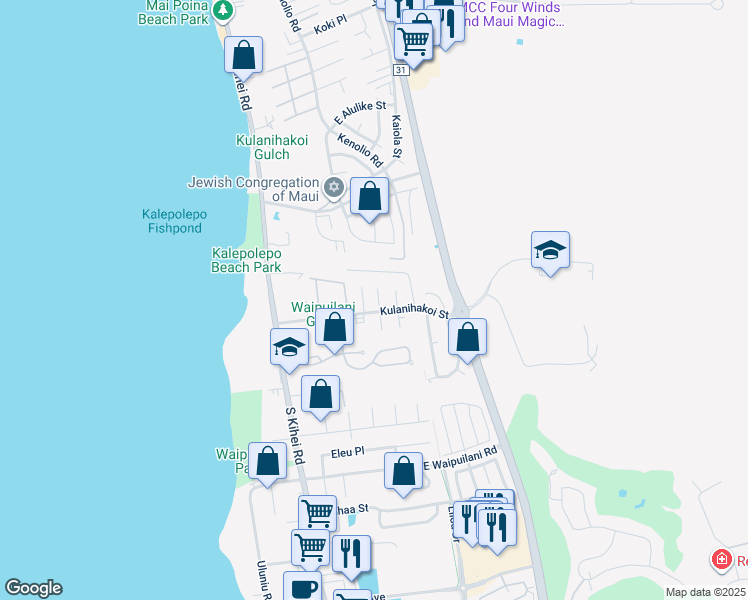map of restaurants, bars, coffee shops, grocery stores, and more near 13 Waikalani Place in Kihei