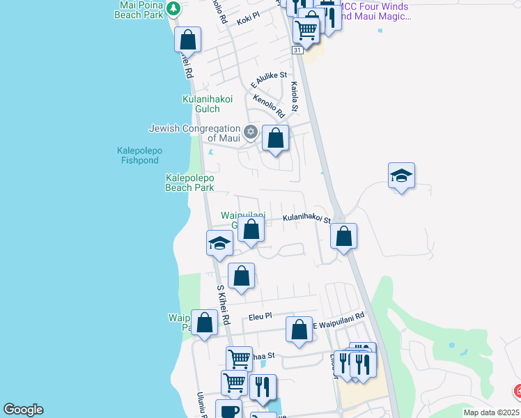 map of restaurants, bars, coffee shops, grocery stores, and more near 15 Kulanihakoi Street in Kihei