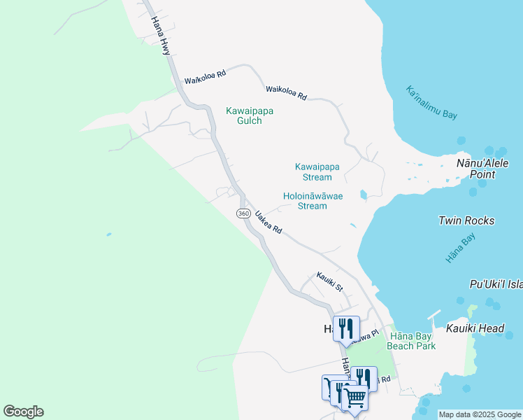 map of restaurants, bars, coffee shops, grocery stores, and more near 4635 Uakea Road in Hana