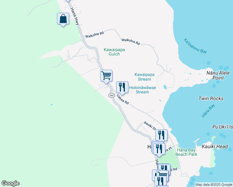 map of restaurants, bars, coffee shops, grocery stores, and more near 4635 Uakea Road in Hana