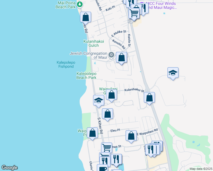 map of restaurants, bars, coffee shops, grocery stores, and more near 15 Kulanihakoi Street in Kihei
