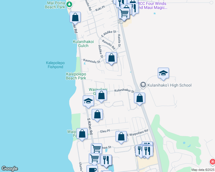 map of restaurants, bars, coffee shops, grocery stores, and more near 27 Alania Place in Kihei