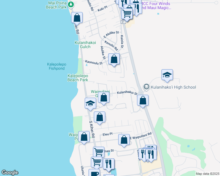 map of restaurants, bars, coffee shops, grocery stores, and more near 27 Alania Place in Kihei