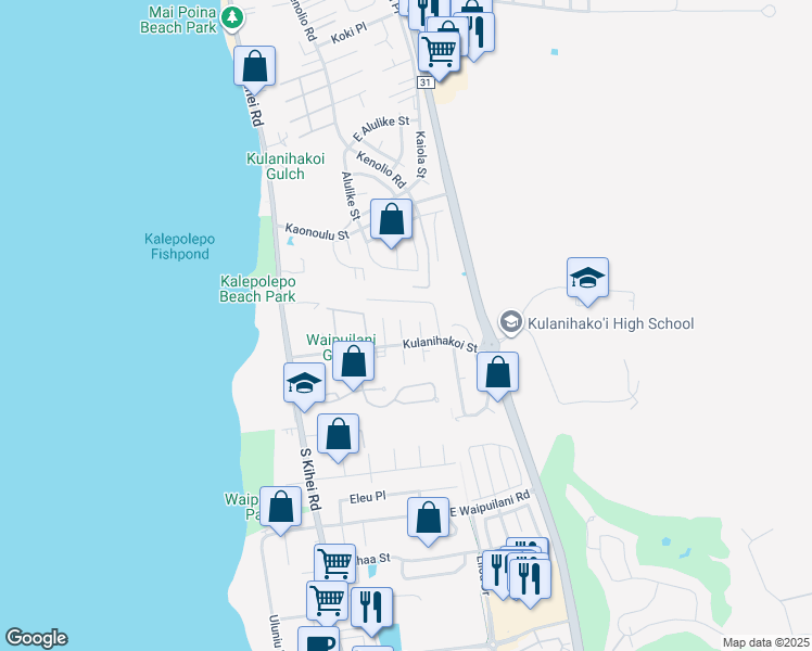 map of restaurants, bars, coffee shops, grocery stores, and more near 20 Waikalani Place in Kihei