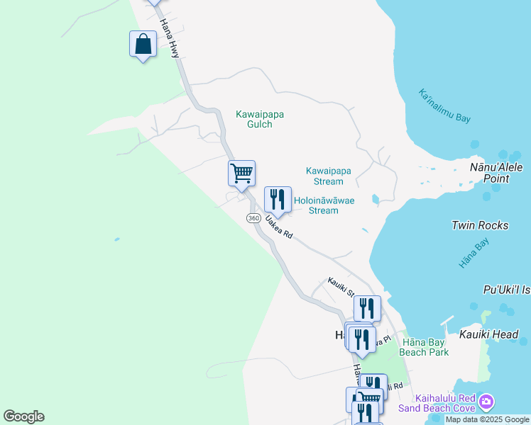 map of restaurants, bars, coffee shops, grocery stores, and more near 4635 Uakea Road in Hana