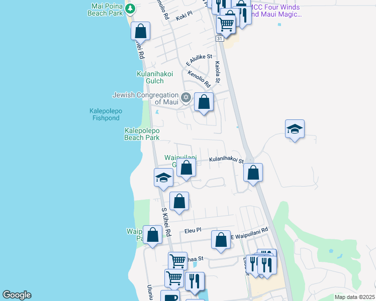 map of restaurants, bars, coffee shops, grocery stores, and more near 15 Kulanihakoi Street in Kihei
