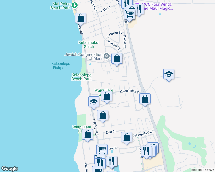 map of restaurants, bars, coffee shops, grocery stores, and more near 15 Kulanihakoi Street in Kihei