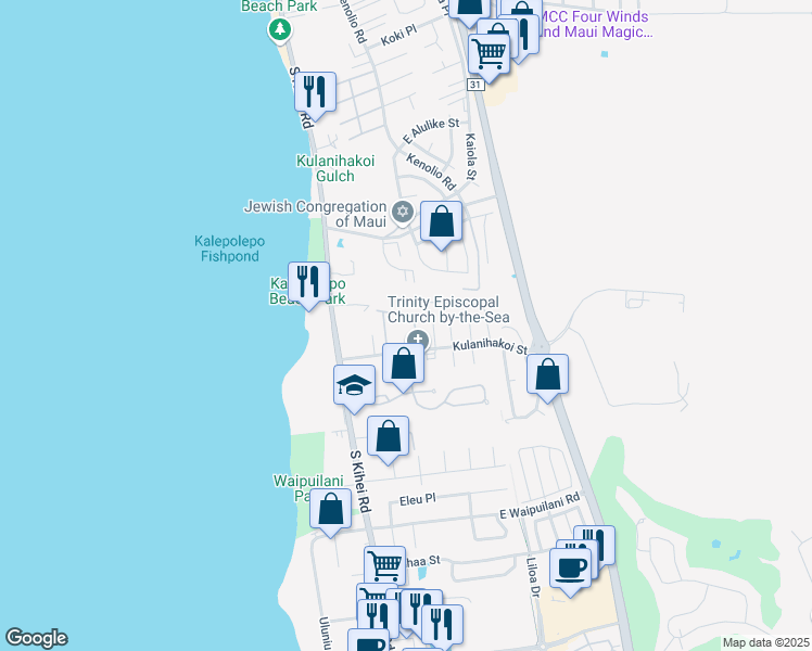 map of restaurants, bars, coffee shops, grocery stores, and more near 15 Kulanihakoi Street in Kihei