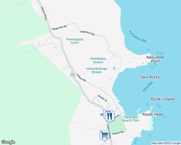 map of restaurants, bars, coffee shops, grocery stores, and more near 4685 Uakea Road in Hana