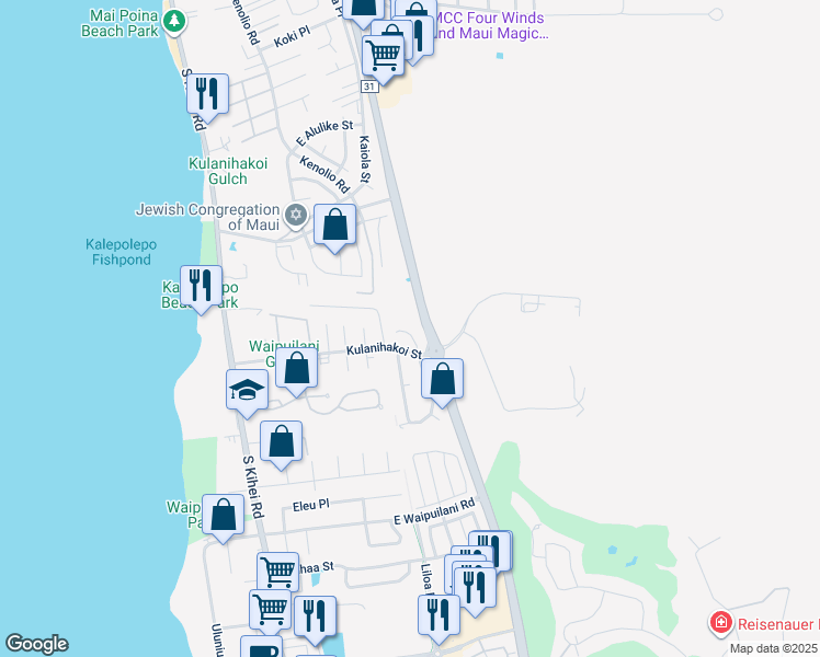 map of restaurants, bars, coffee shops, grocery stores, and more near 798 Mahealani Place in Kihei