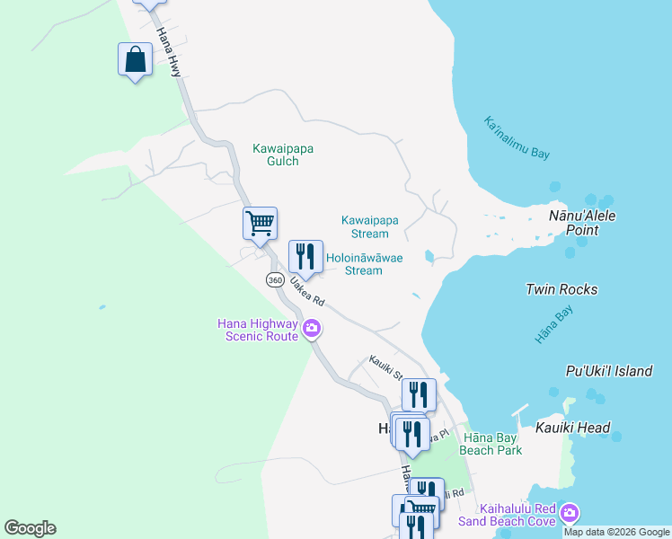 map of restaurants, bars, coffee shops, grocery stores, and more near 4675 Uakea Road in Hana