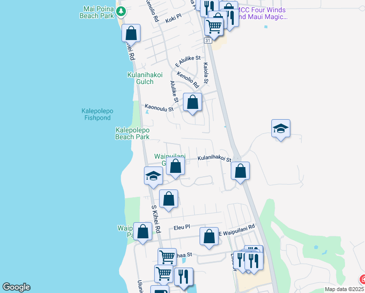 map of restaurants, bars, coffee shops, grocery stores, and more near 15 Kulanihakoi Street in Kihei