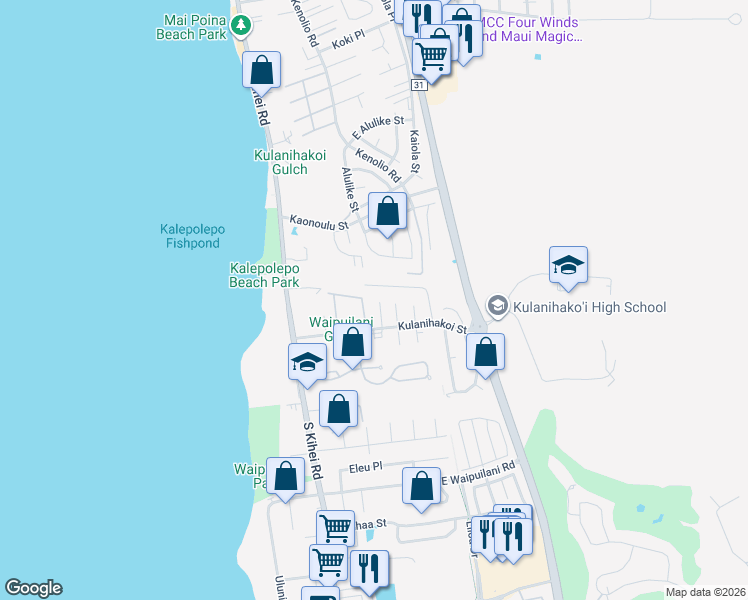 map of restaurants, bars, coffee shops, grocery stores, and more near 41 Alania Place in Kihei