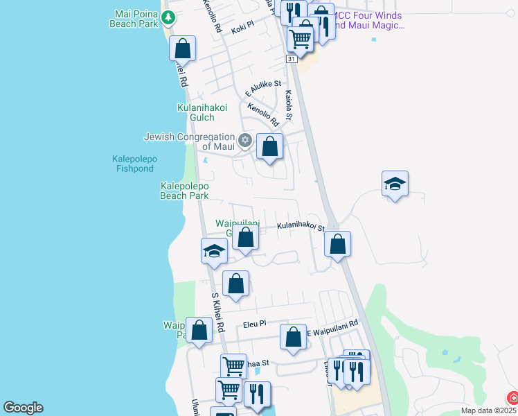 map of restaurants, bars, coffee shops, grocery stores, and more near 41 Alania Place in Kihei