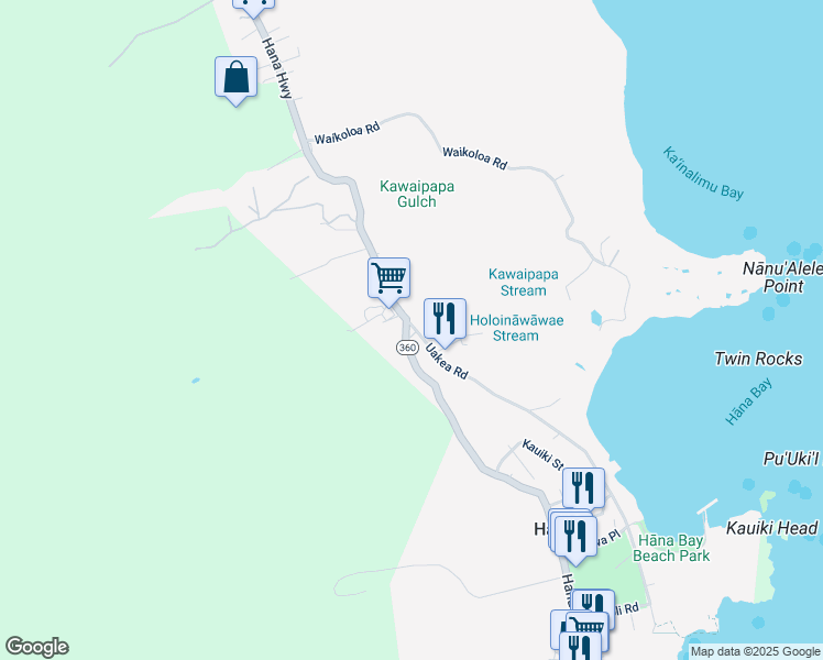 map of restaurants, bars, coffee shops, grocery stores, and more near 0 Uakea Road in Hana
