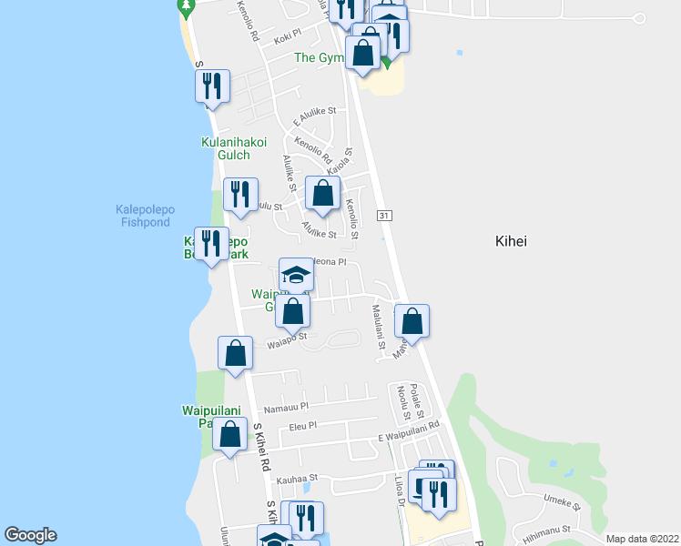 map of restaurants, bars, coffee shops, grocery stores, and more near 39 Hakoi Place in Kihei